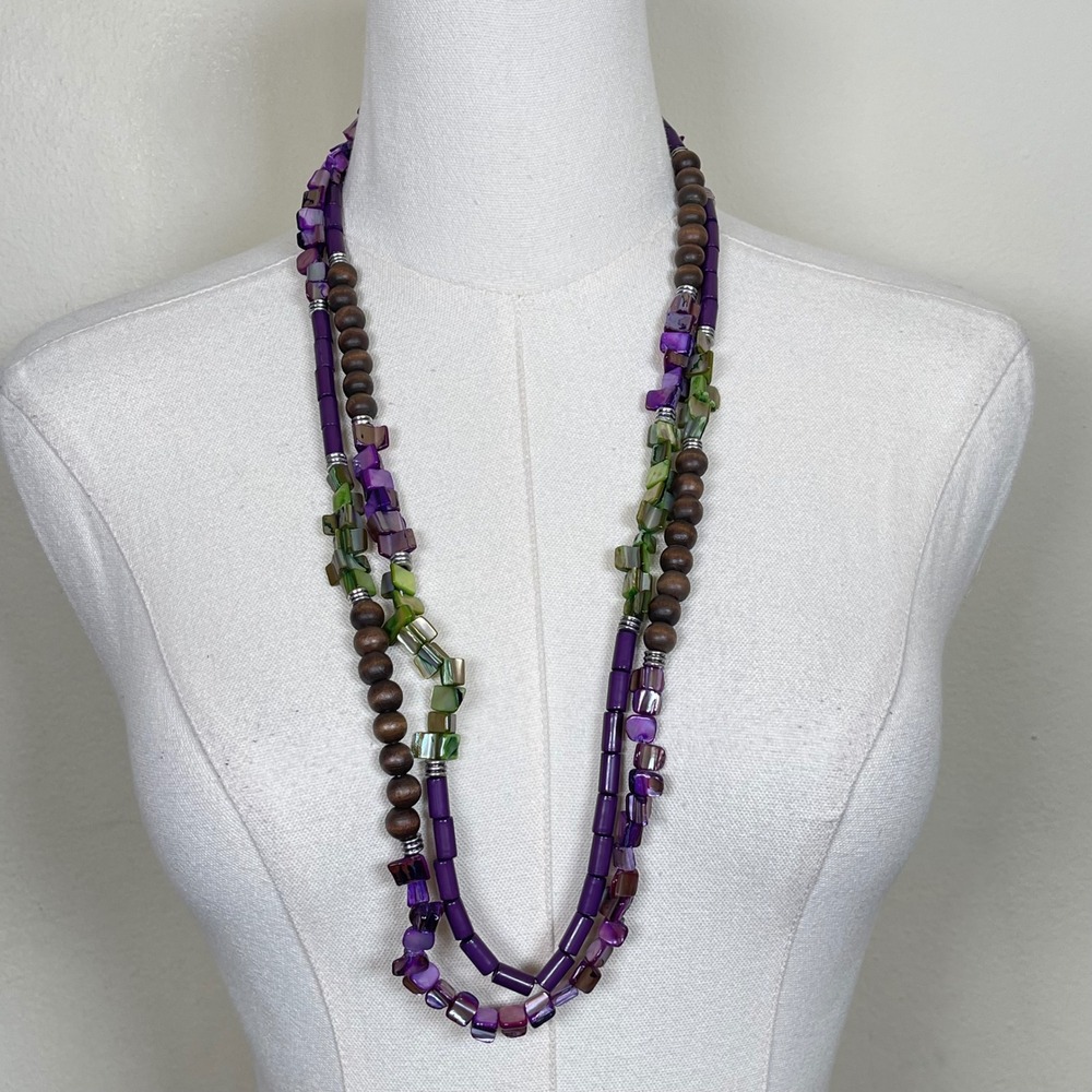 Bead Shell Wood Multi Strand Necklace Purple‎ Green Bohemian Mixed Media Artisan